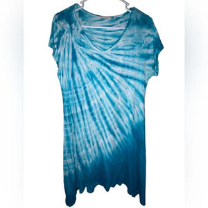 SOFT SURROUNDINGS Tunic Mira Costa Turquoise Tie Dye Size Medium Boho Rhinestone